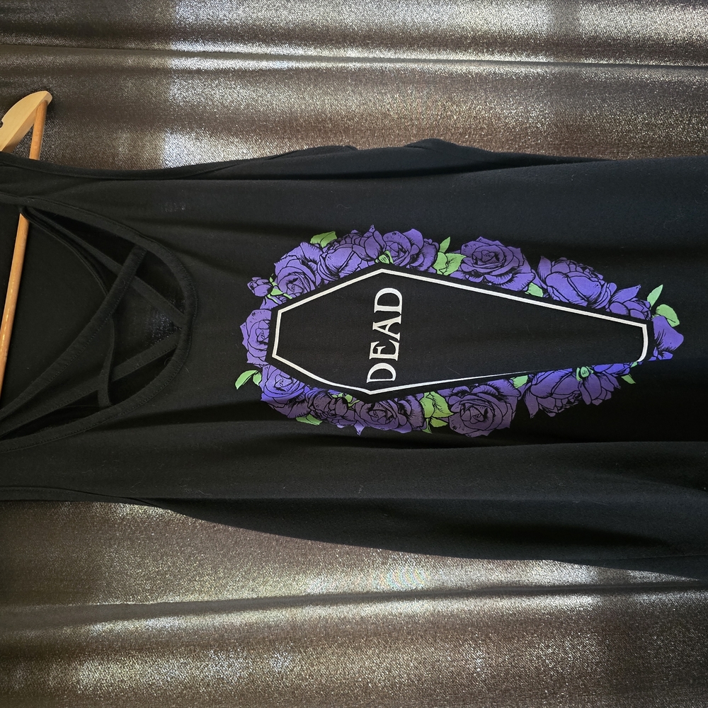 Black Tank Top with Purple Floral Coffin Design